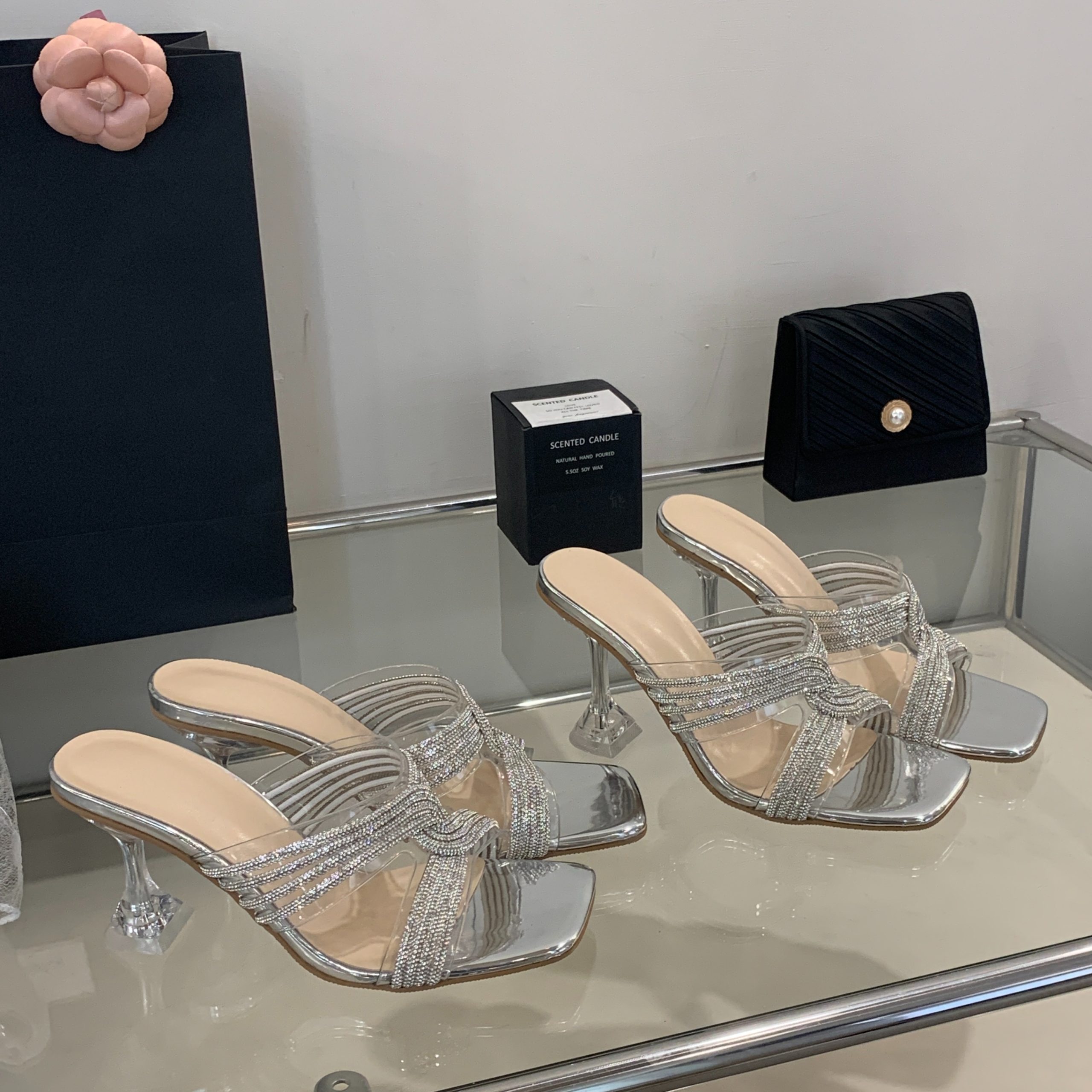 Crape Myrtle PVC Transparent Crystal Heel Thick Sole Sandals 2024 Summer New Square Toe Wedding Shoes Cross Rhinestone High Heels - Style b4e2dc