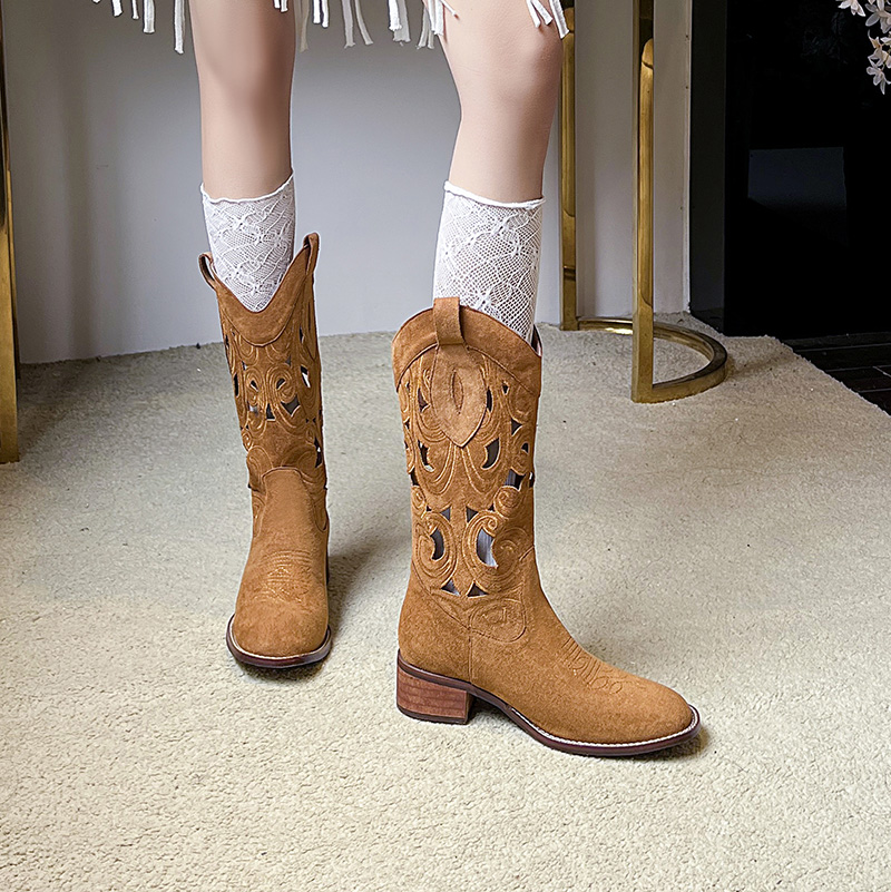 Embroidered Hollow Out Western Cowboy Boots for Women 2026 New Summer Square Toe V-Cut Mid Calf Chunky Heel Martin Boots