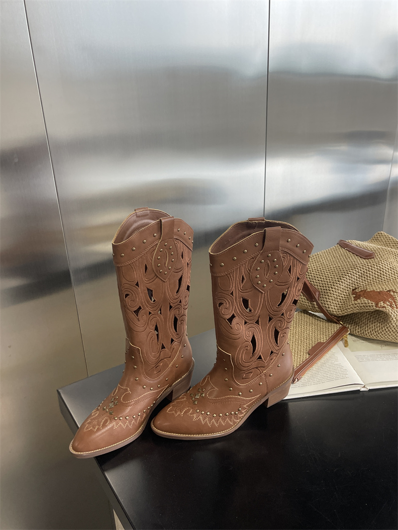 Embroidered Hollow Out Western Cowboy Boots for Women 2026 New Summer Style Square Toe V-Cut Mid Calf Chunky Heel Martin Boots