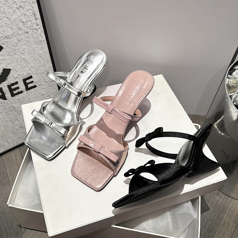 French Style Silver Bow Wedge Slippers for Women Summer Outdoor One-Band Heeled Sandals Roman Women Shoes